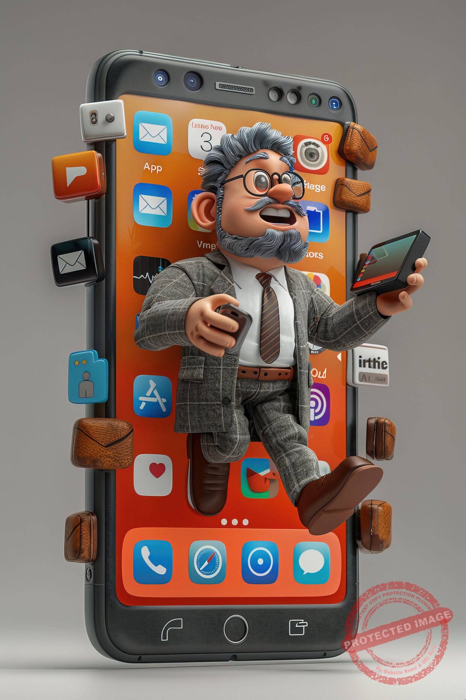 The Engineer comes out of the phone. Create a 3D image of a Engineer character stepping out of a giant smartphone, holding a smartphone, with a app interface on the screen. The businessman should be wearing a suit, with clear, well-defined features and no facial details necessary. The phone is at a 45-degree angle --ar 2:3 --style raw --stylize 500 --v 6 Job ID: ef45be00-1d73-4125-94b6-2b191233c365